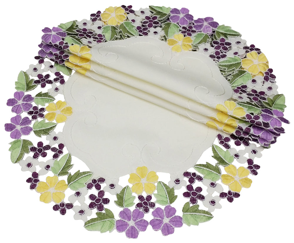 XD101812-Fancy Flowers Poliviscose Doilies Embroidered Floral Cutwork Set of 4 8 Round Pink