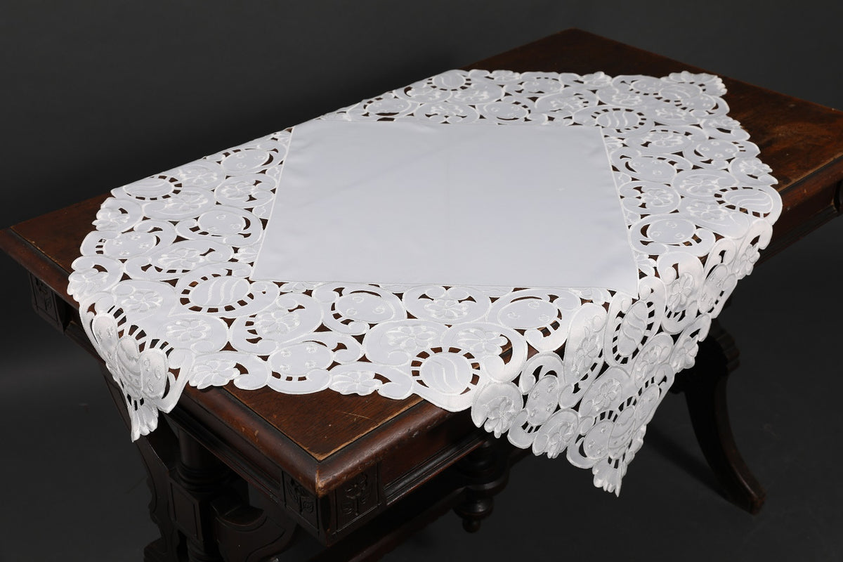 XD101836-Spring Egg Poliviscose Table Topper Embroidered Cutwork 34x34 White