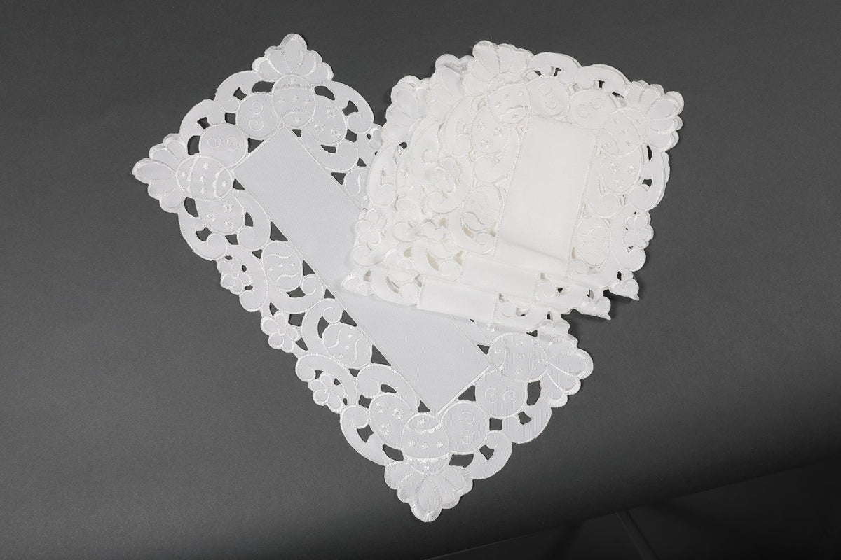 XD101836-Spring Egg Poliviscose Traycloths Embroidered Cutwork Set of 4 8x15 White