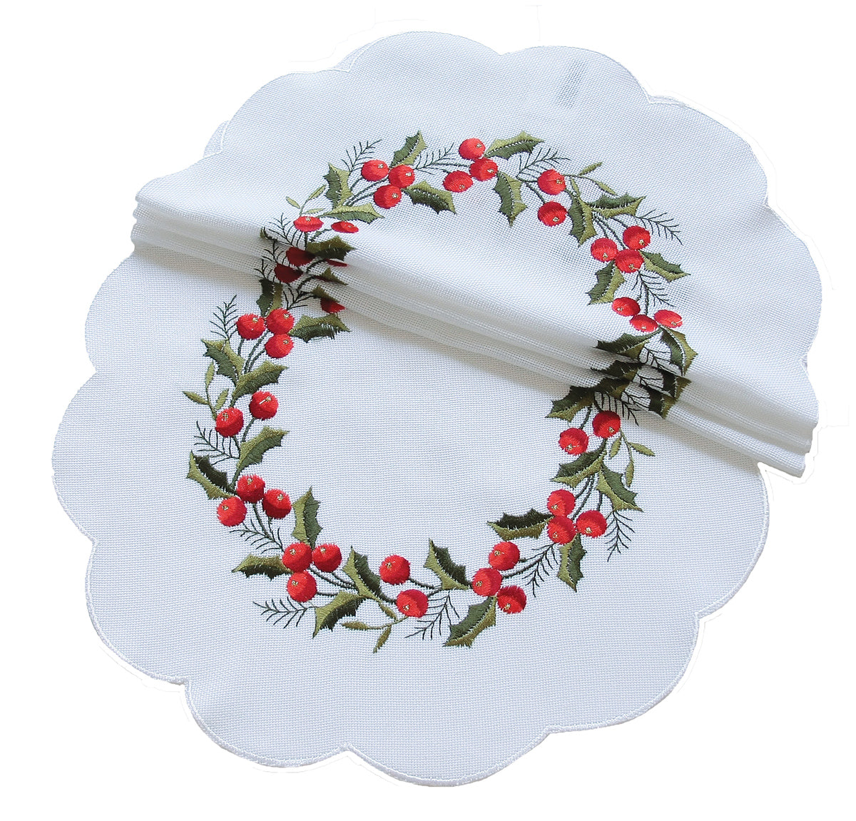 XD108059 Holly Berry Doilies 8 Round Set of 4 White Poliviscose