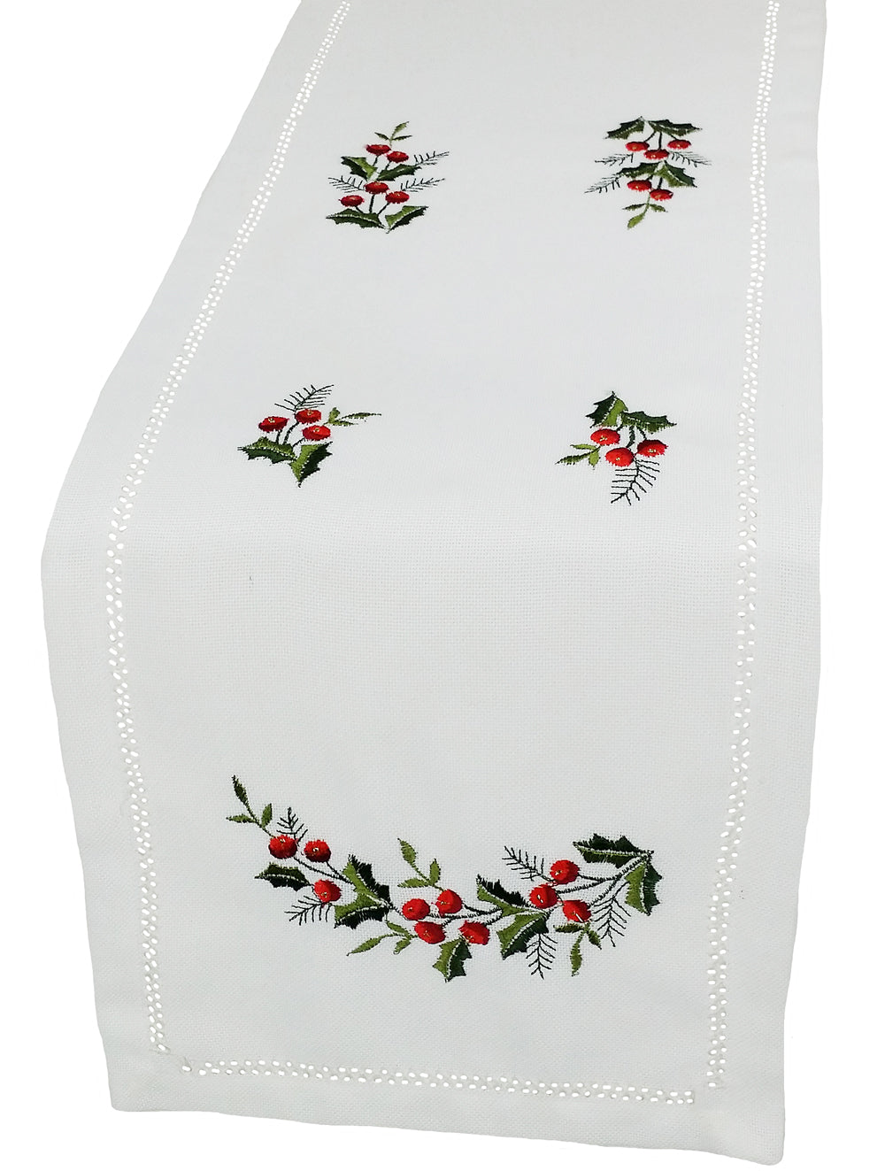 XD108059 Holly Berry Mini Table Runner 12x28 White Poliviscose