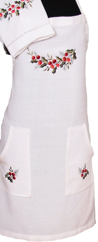 XD108059 Holly Berry Apron 28x34 White Poliviscose