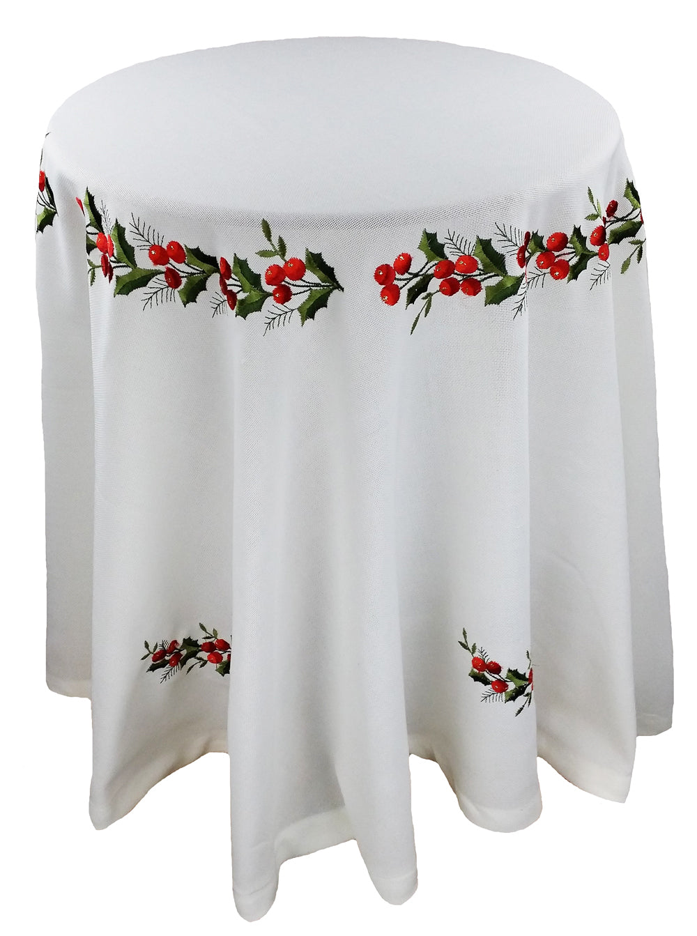 XD108059 Holly Berry Tablecloth 72 Round White Poliviscose