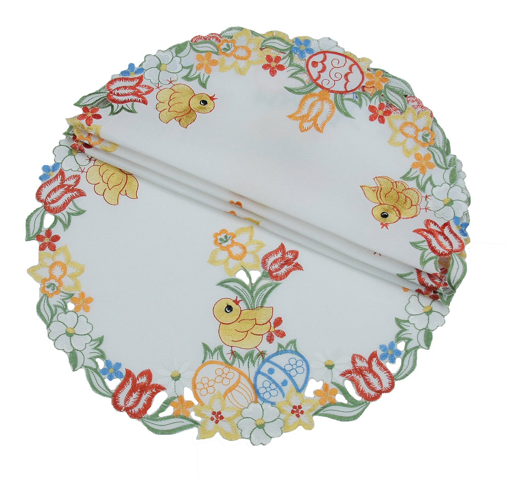 XD110718 Spring Chicks Embroidered Cutwork Round Doilies 16" Set of 4