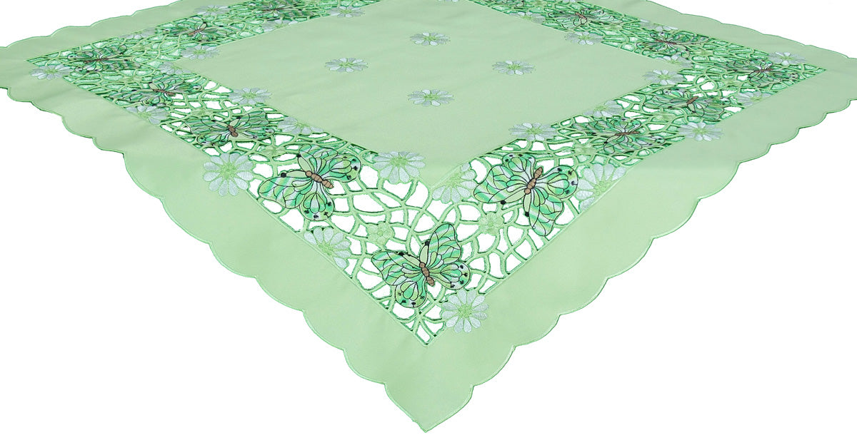 XD110728-Emerald Mariposa Poliviscose Table Topper Embroidered Cutwork 34x34 Emerald