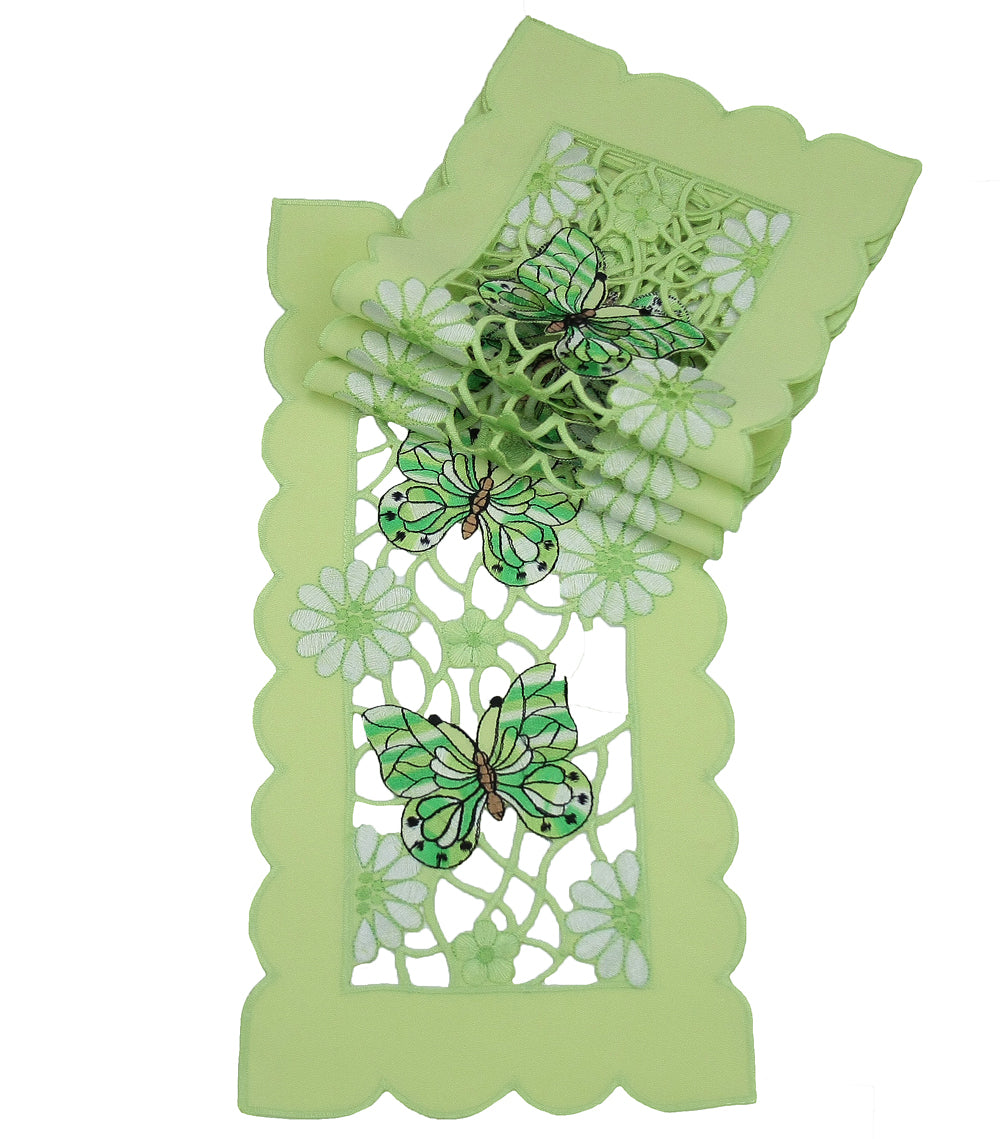 XD110728-Emerald Mariposa Poliviscose Traycloths Set of 4 Embroidered Cutwork 8x15 Emerald