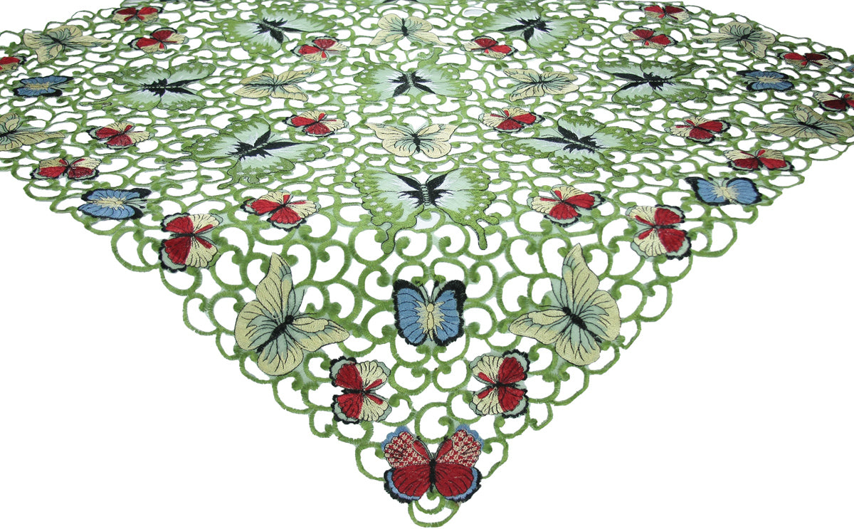 Xia Home Fashions Butterfly Cutwork Table Topper 34x34 Inch Square Green Multi
