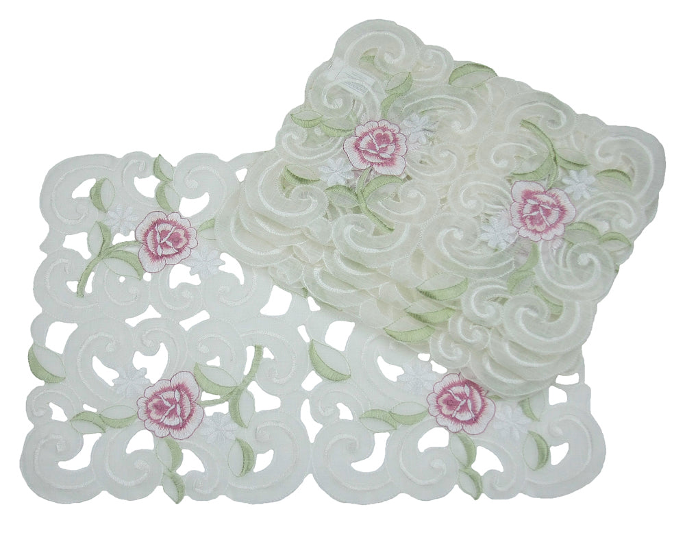 Xia Home Fashions Dainty Rose Placemats Embroidery Cutwork 12x18 Set of 4 Off White