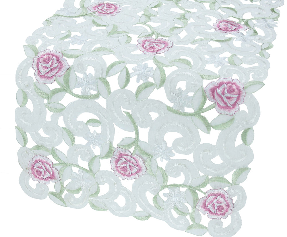 Xia Home Fashions Dainty Rose Mini Table Runner Embroidery Cutwork 12x28 Off White