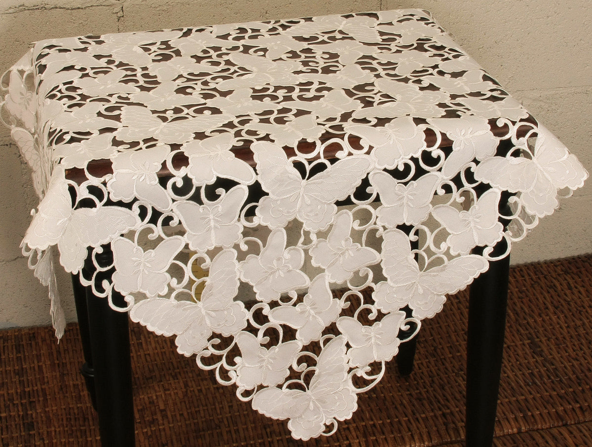 Xia Home Fashions Mariposa Table Topper Embroidery Cutwork 34x34 Off White