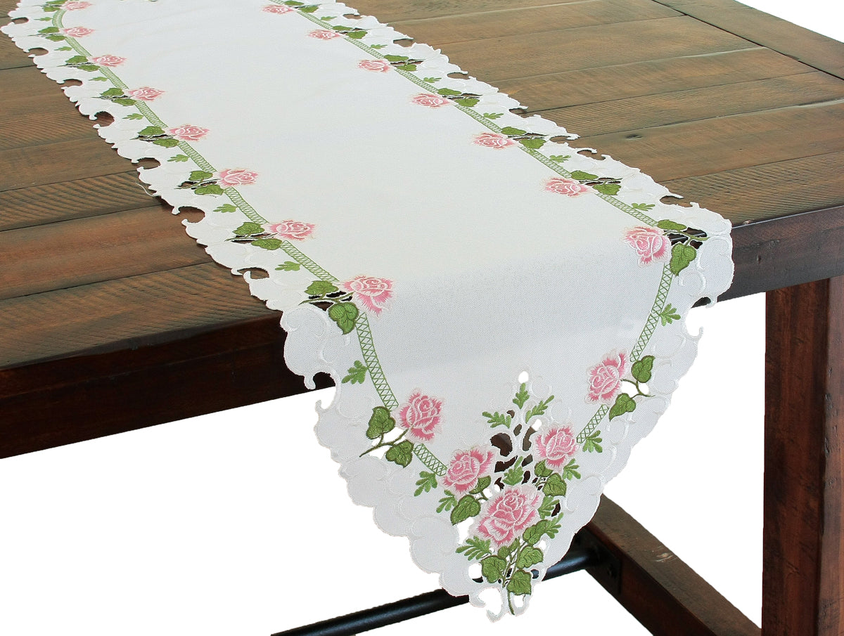 Xia Home Fashions Summer Rose Table Runner Embroidery Cutwork 12x28 White