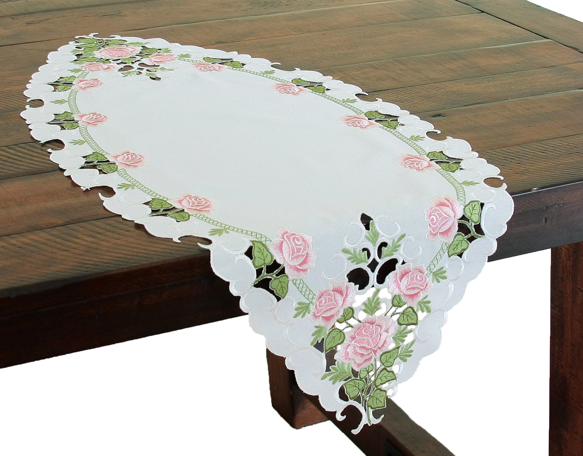 Xia Home Fashions Summer Rose Table Runner Embroidery Cutwork 12x28 White
