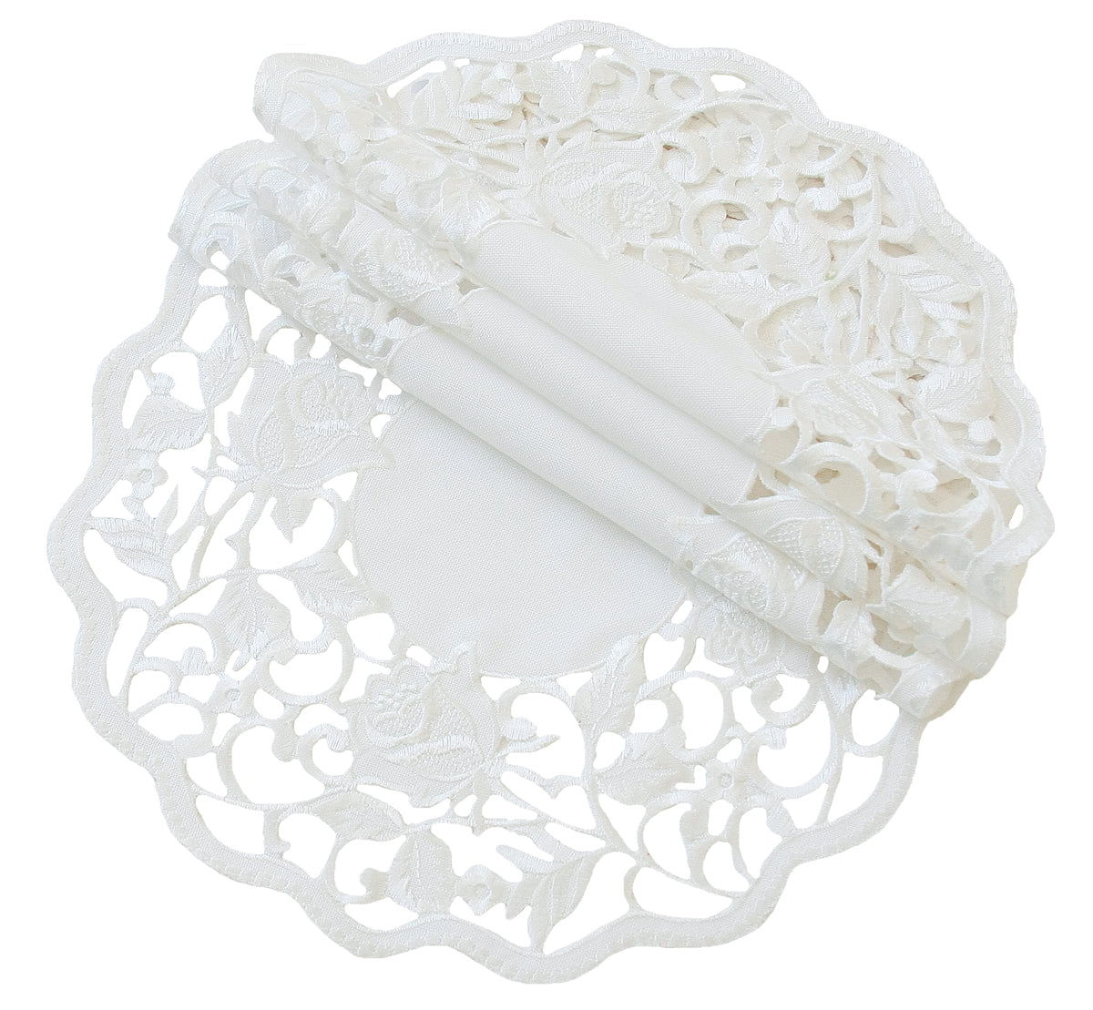 Xia Home Fashions Somerset Doilies / Placemats Embroidery Cutwork 16 Inch Round White Set of 4