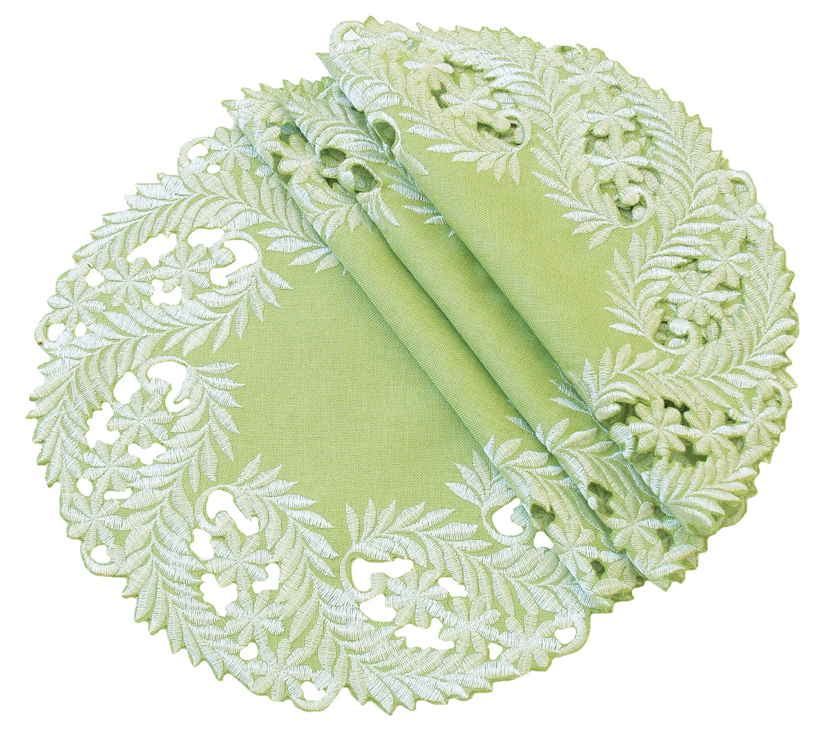 Xia Home Fashions Laurel Green Doilies / Placemats Embroidery Cutwork 12 Inch Round Green Set of 4