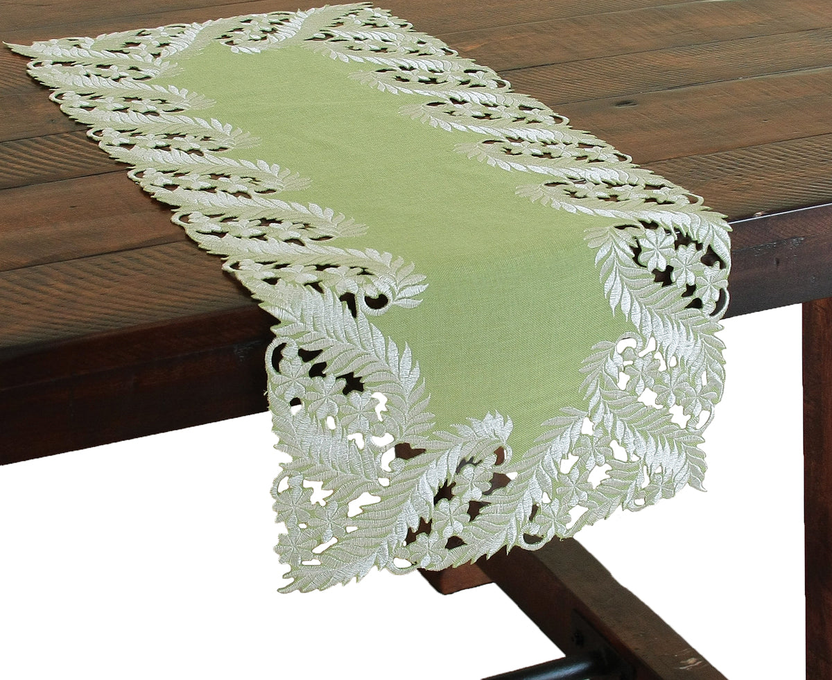 Xia Home Fashions Laurel Green Table Runner Embroidery Cutwork 12x28 Green