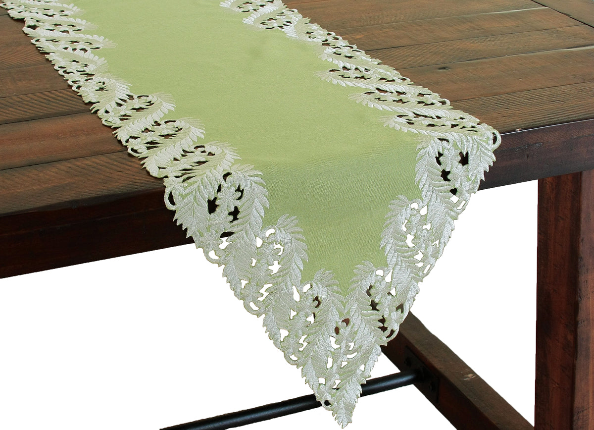 Xia Home Fashions Laurel Green Table Runner Embroidery Cutwork 12x28 Green