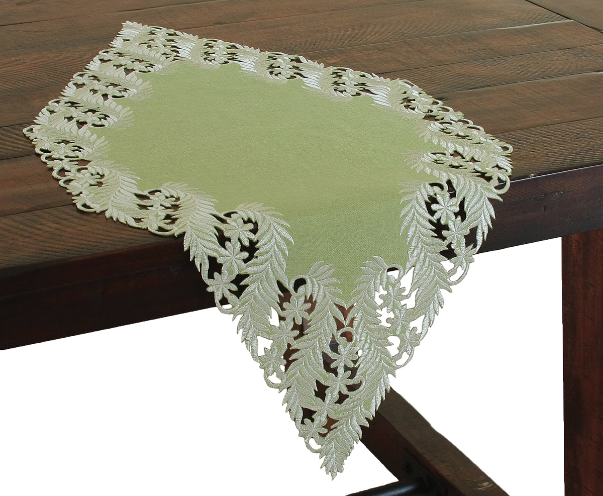 Xia Home Fashions Laurel Green Table Runner Embroidery Cutwork 12x28 Green