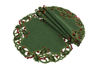 XD14791 Holly Embroidered Doilies, Set of 4