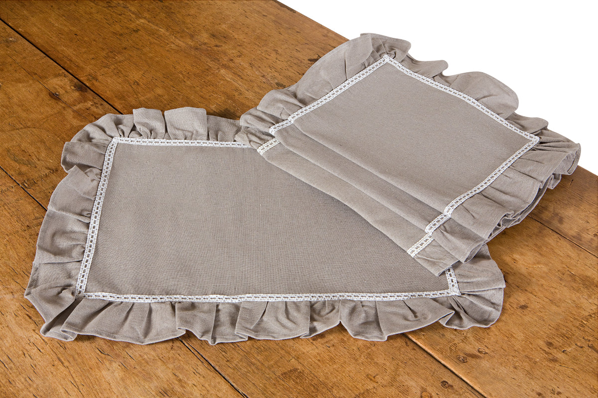 XD15110 Ruffle Trim W/White Lace Placemats, 14"x20", Set of 4