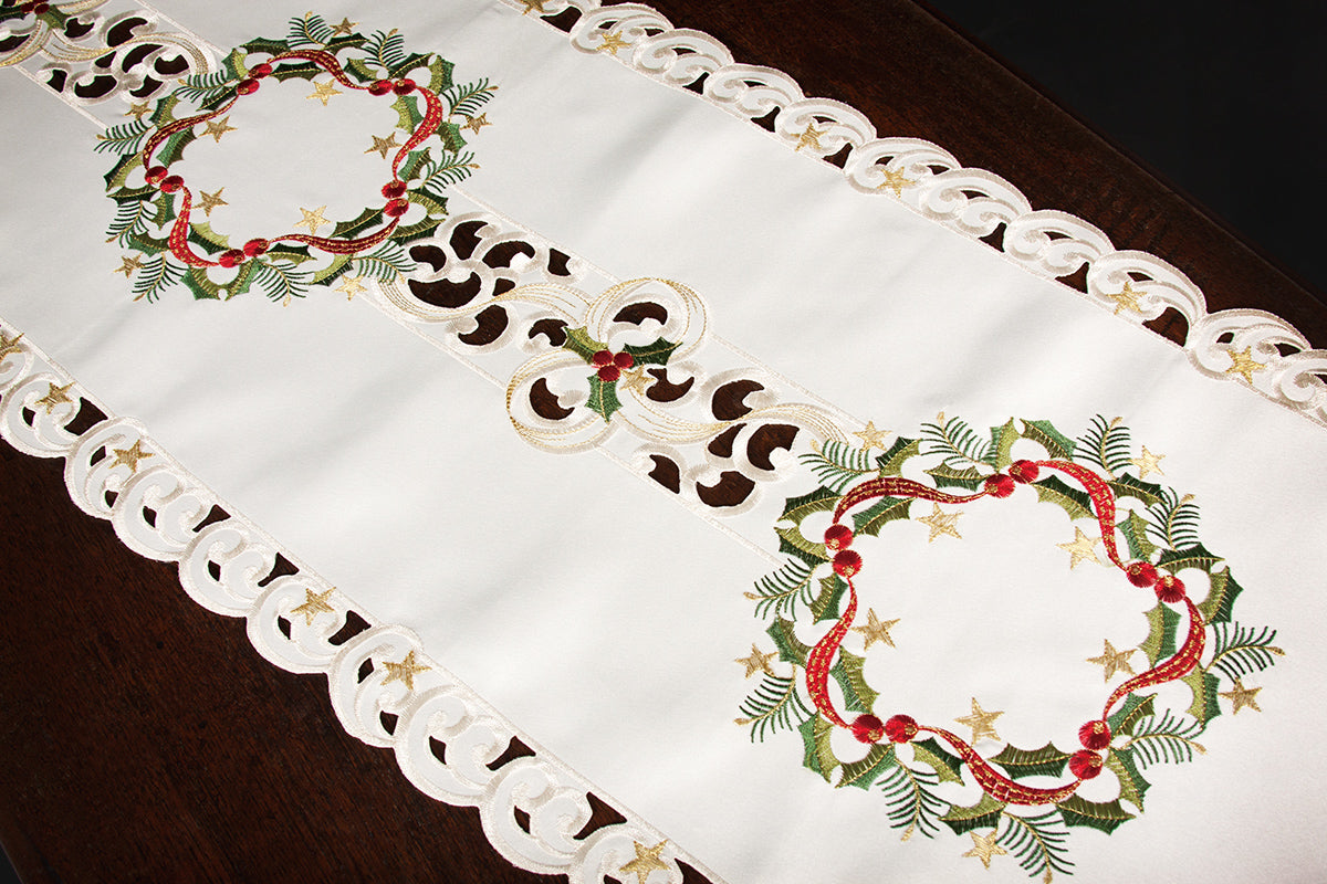 Xia Home Fashions Ribbon Wreath Embroidered Cutwork Christmas Table Runner 15x34