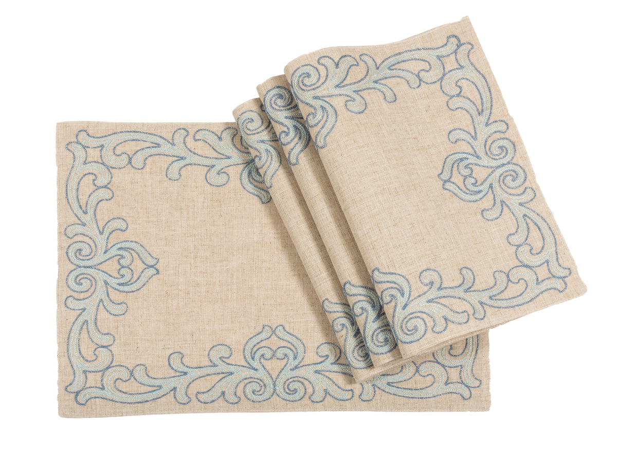 Xia Home Fashions Celeste Glistening Embroidered Placemats Set of 4 14x20 Beige Blue