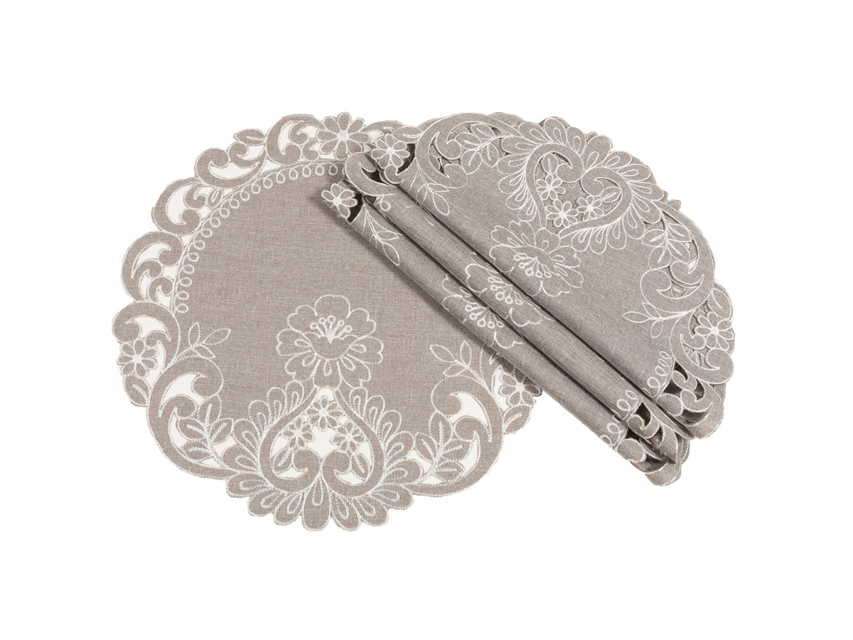 Xia Home Fashions Floral Embroidered Cutwork Round Placemats Set of 4 16" Grey
