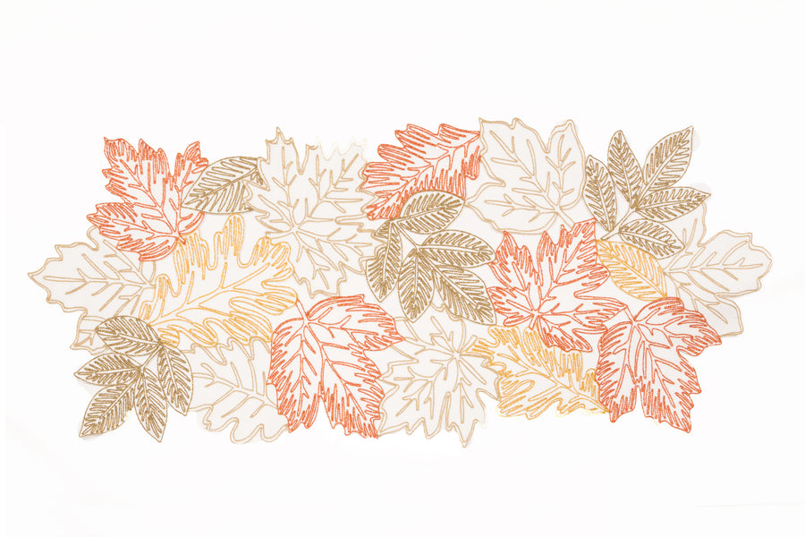 XD18805 Autumn Leaf Cutwork Embroidered Table Runner White 16x36