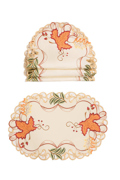 XD18808 Autumn Leaf Scroll Cutwork Embroidered Placemat Set of 4 13x19