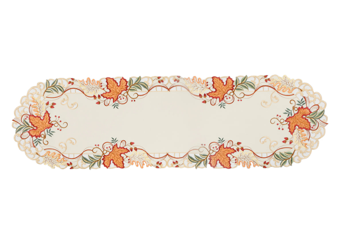 XD18808 Autumn Leaf Scroll Cutwork Embroidered Table Runner 15x34