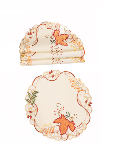 XD18808 Autumn Leaf Scroll Cutwork Embroidered Round Placemat Set of 4 16