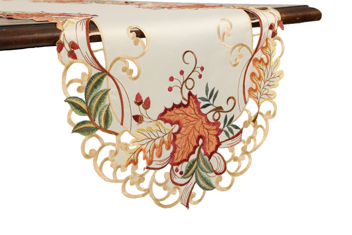 XD18808 Autumn Leaf Scroll Cutwork Embroidered Table Runner 15x34