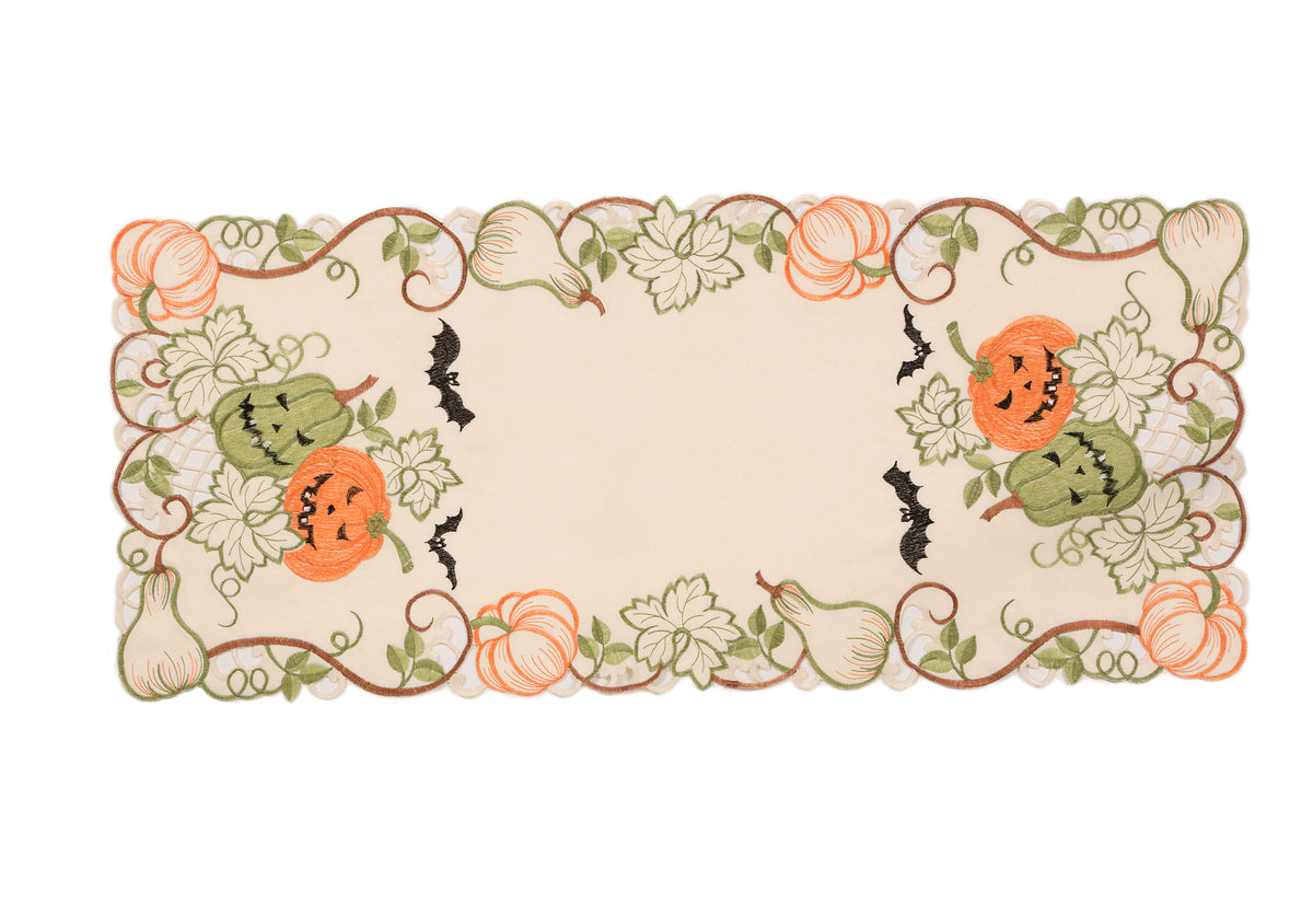 XD18809 Harvest Pumpkin Halloween Cutwork Embroidered Table Runner 15x34