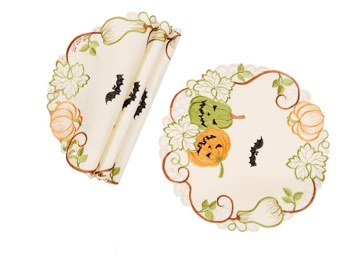 XD18809 Harvest Pumpkin Halloween Cutwork Embroidered Round Placemat Set of 4 16