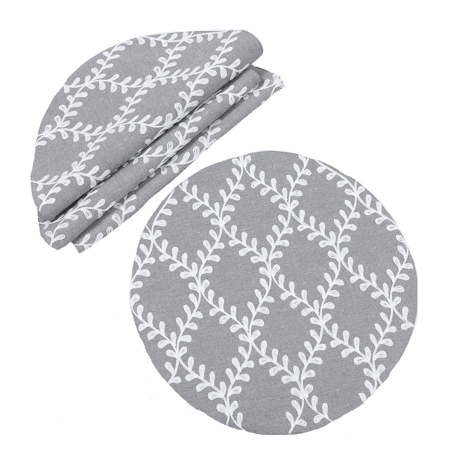 XD19200- Piluki Leaf Crewel Embroidered Placemats 16-Inch Round, Set of 4