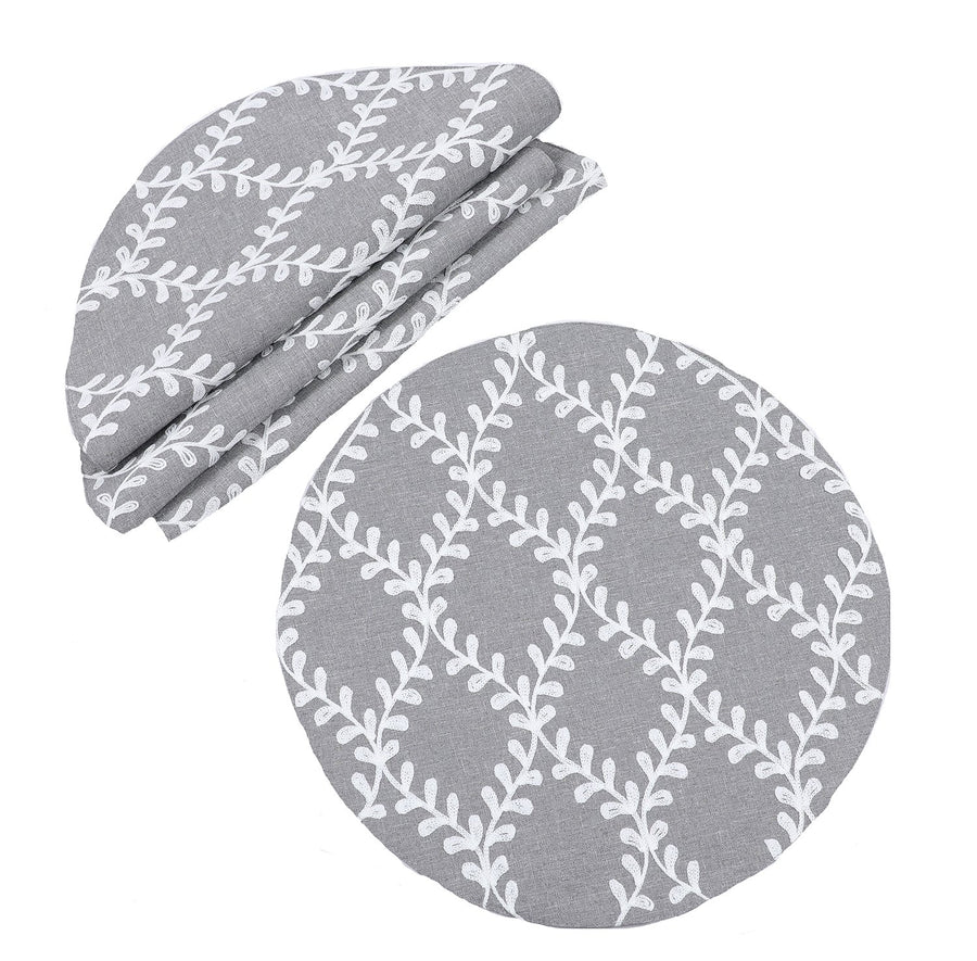 XD19200- Piluki Leaf Crewel Embroidered Placemats 16-Inch Round, Set of 4