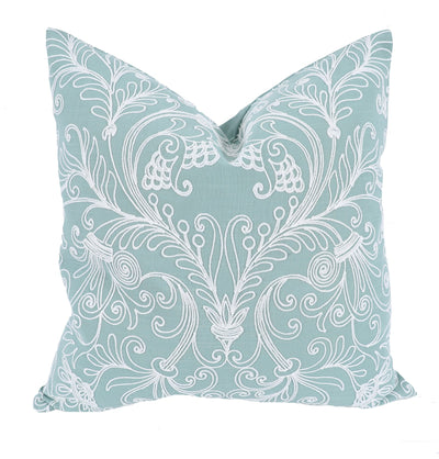 XD19202-Jacquard Crewel Embroidered Pillow, 20 by 20-Inch With Feather Insert, Ocean Green