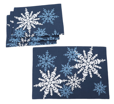XD19802-Magical Snowflakes Crewel Embroidered Christmas Placemats 14 by 20-Inch, Set of 4, Red