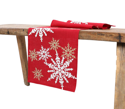 XD19802-Magical Snowflakes Crewel Embroidered Christmas Table Runner 16 by 36-Inch, Red