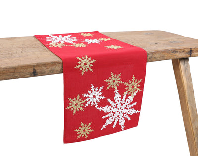 XD19802-Magical Snowflakes Crewel Embroidered Christmas Table Runner 16 by 36-Inch, Red