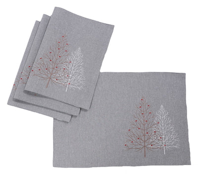XD19803-Festive Trees Embroidered Christmas Placemats 14 by 20-Inch, White, Set of 4