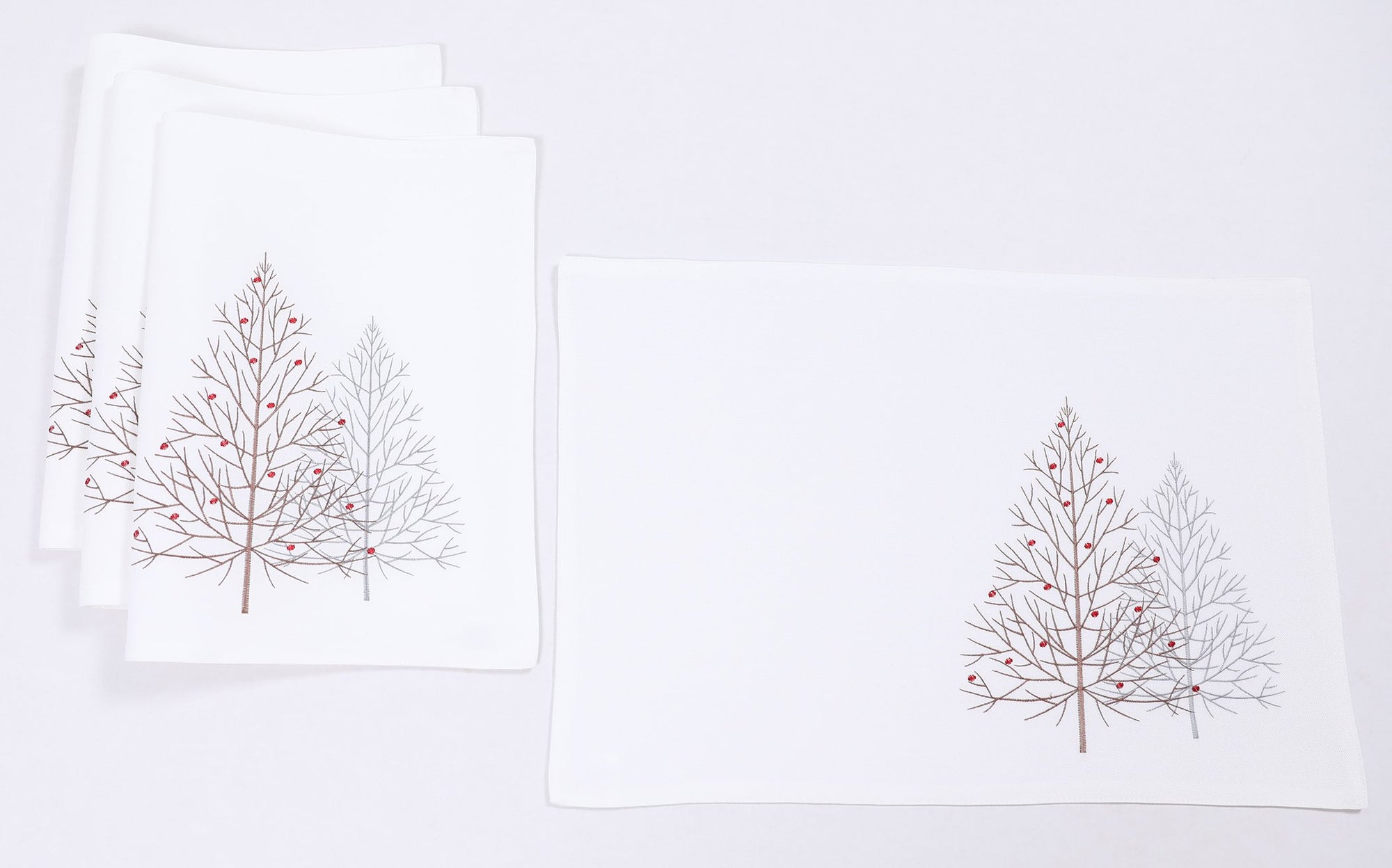 XD19803-Festive Trees Embroidered Christmas Placemats 14 by 20-Inch, White, Set of 4