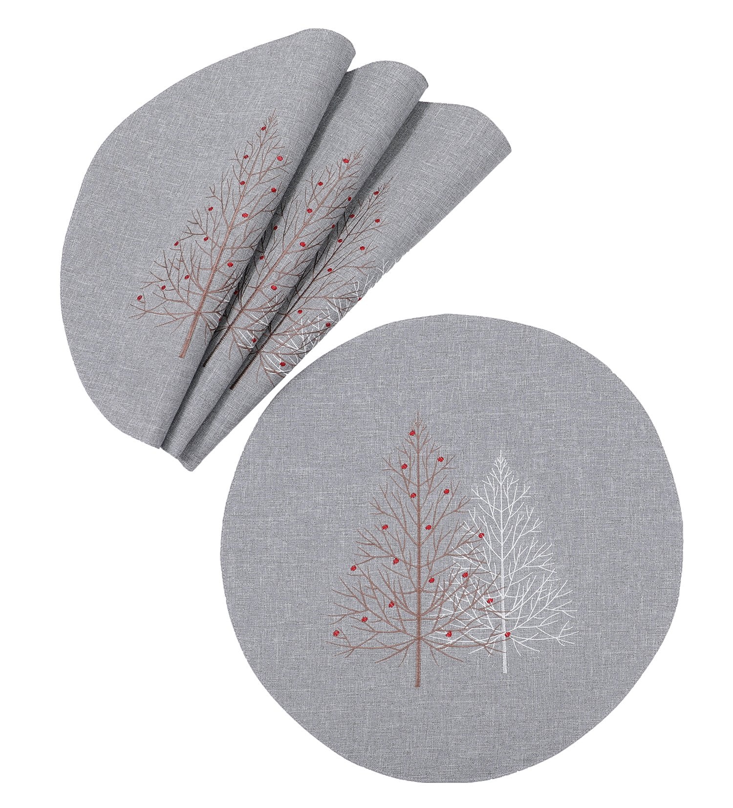 XD19803-Festive Trees Embroidered Christmas Placemats 16-Inch Round, White, Set of 4