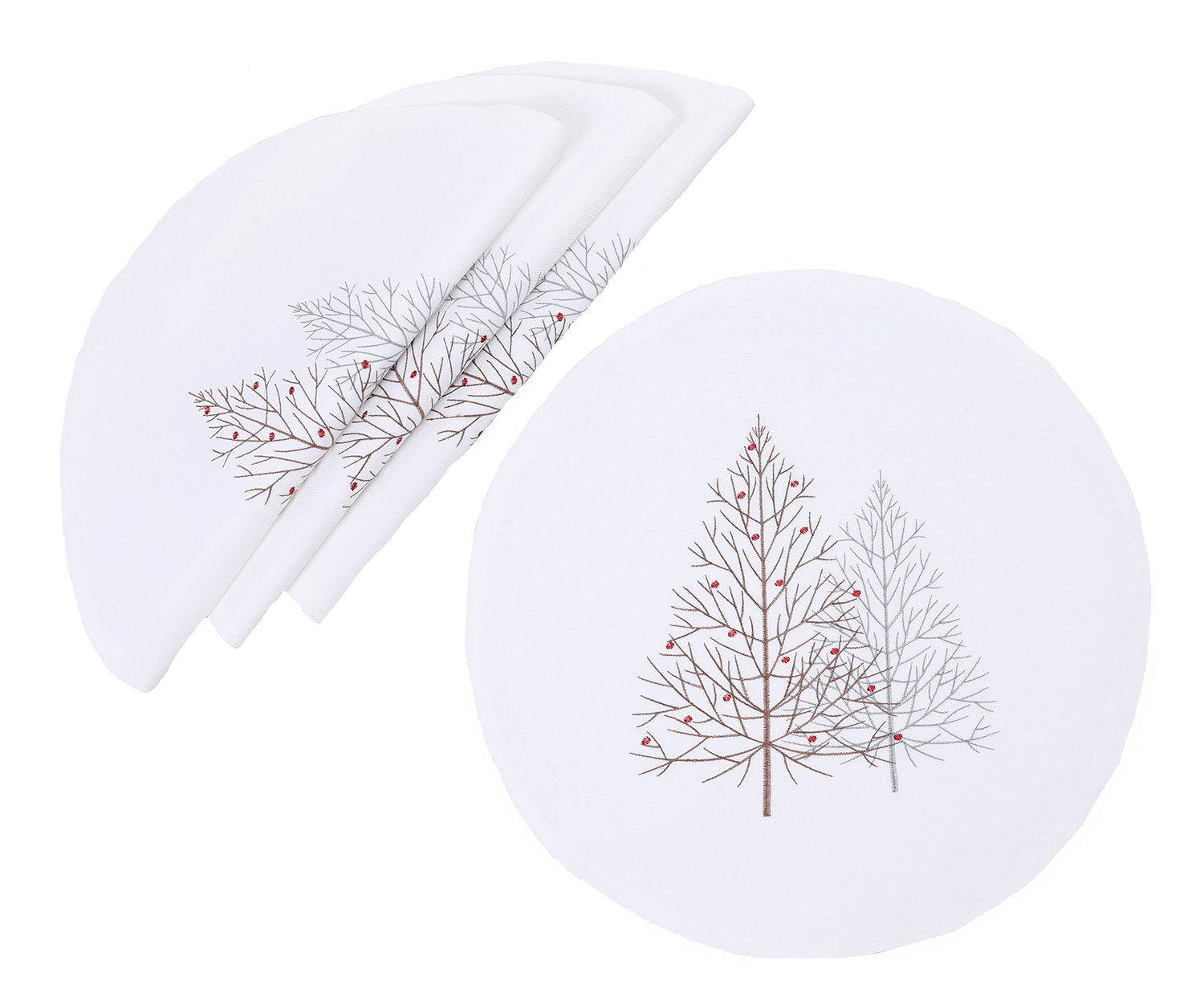 XD19803-Festive Trees Embroidered Christmas Placemats 16-Inch Round, White, Set of 4