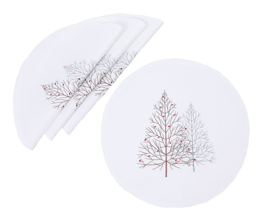 XD19803-Festive Trees Embroidered Christmas Placemats 16-Inch Round, White, Set of 4
