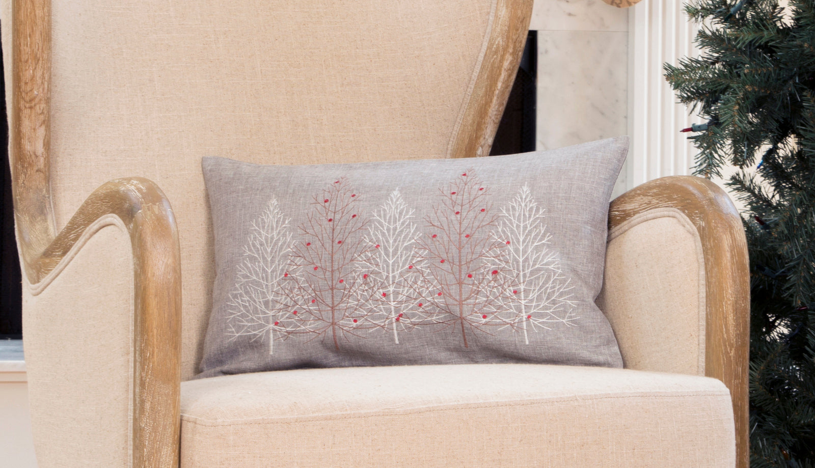 XD19803 Festive Trees Christmas Pillow 12x20 Off White