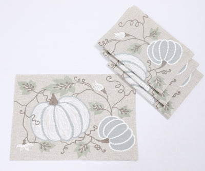 XD19806 Harvest Pumpkins and Vines Crewel Embroidered Placemat Set of 4 14x20 Double Layer Linen Blend