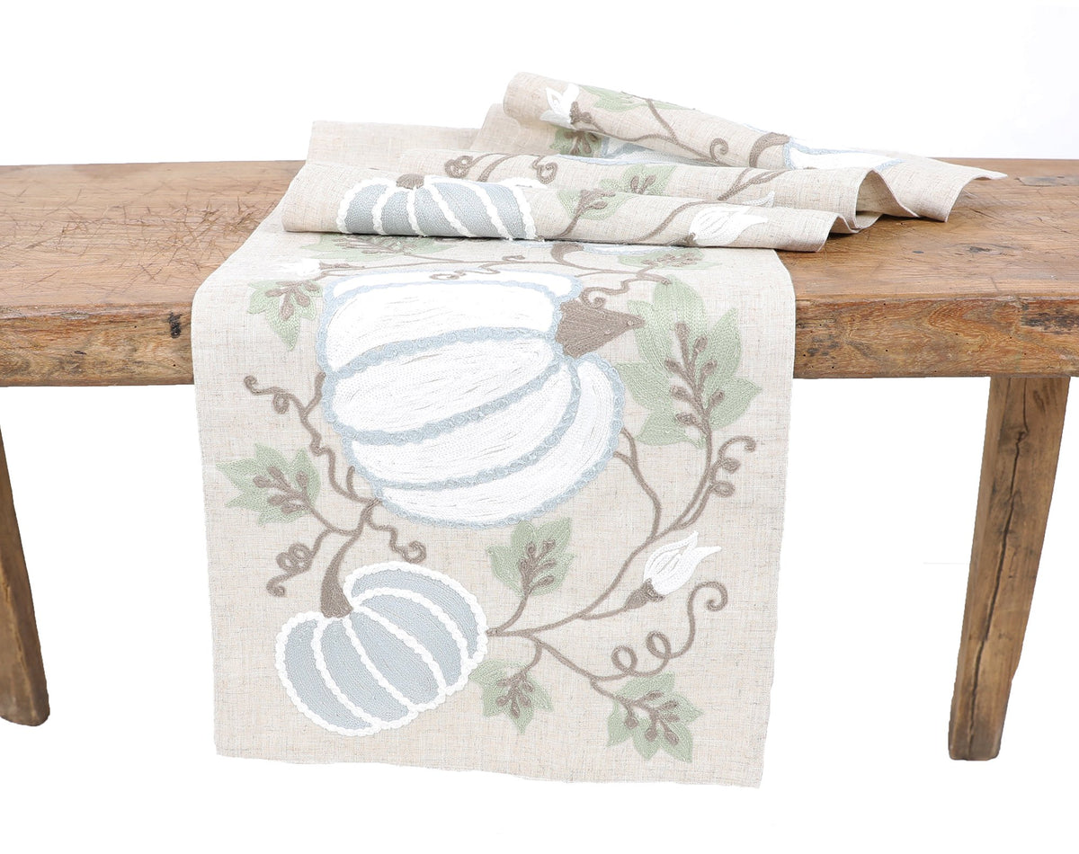 XD19806 Harvest Pumpkins and Vines Crewel Embroidered Table Runner 16x36 Double Layer Linen Blend