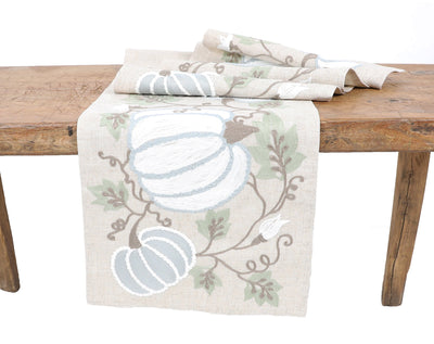 XD19806 Harvest Pumpkins and Vines Crewel Embroidered Table Runner 16x36 Double Layer Linen Blend