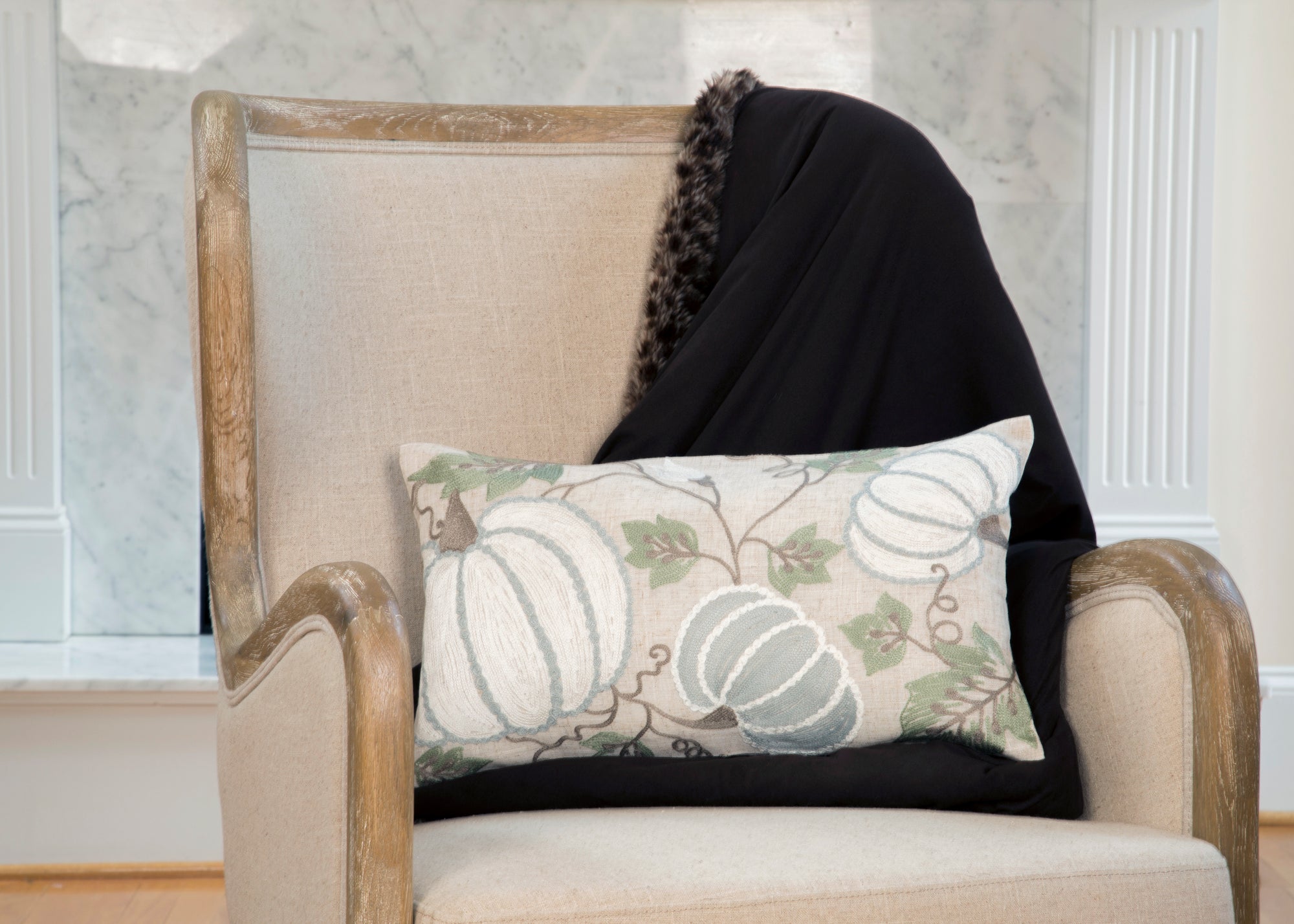 Harvest Pumpkins And Vines Crewel Embroidered Fall Pillow, 14"x14"