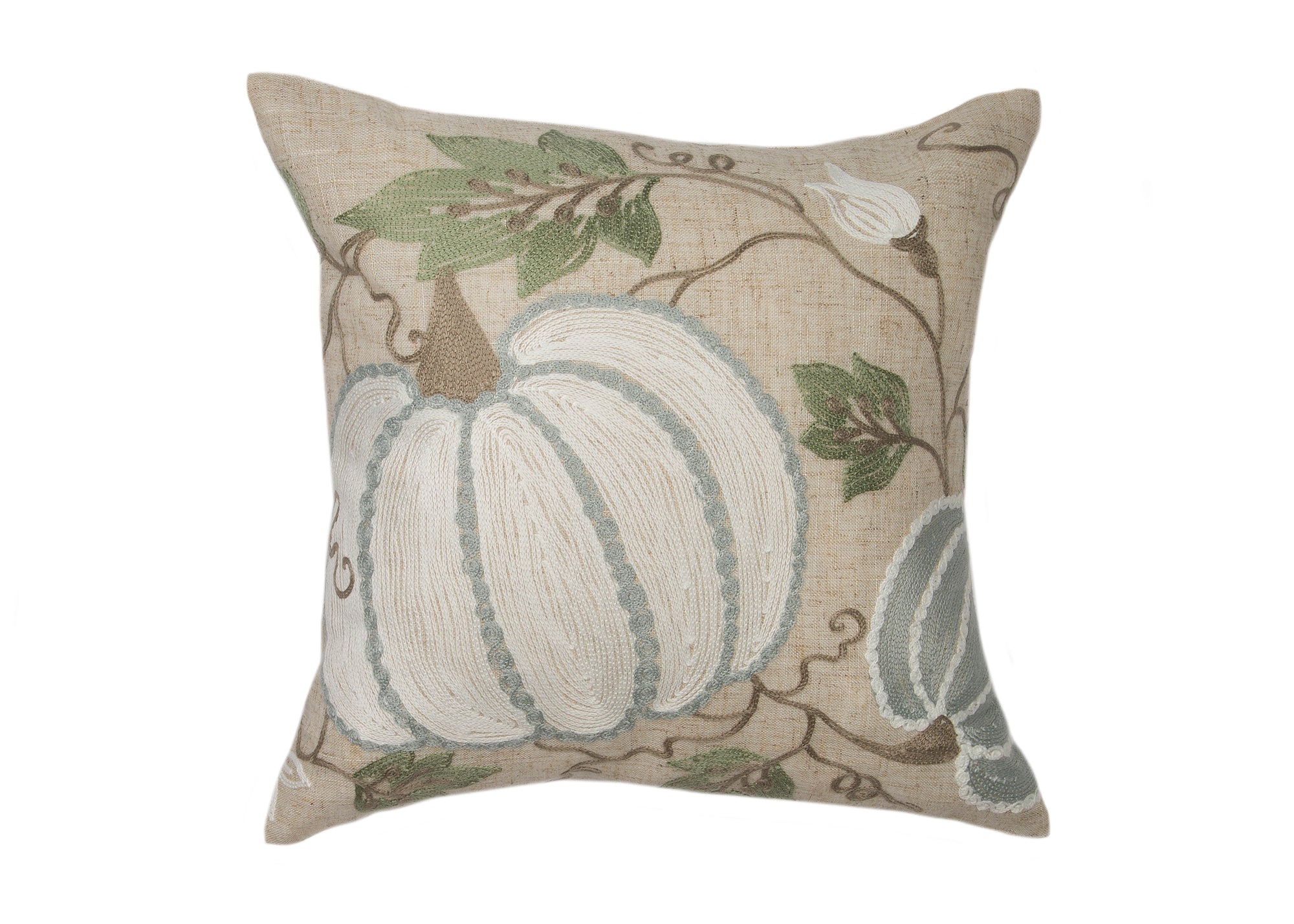 Harvest Pumpkins And Vines Crewel Embroidered Fall Pillow, 14"x14"